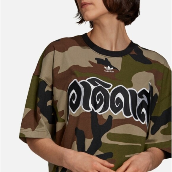 New! adidas Originals x DRY CLEAN ONLY Bangkok Camo Lace Hem Midi Shirt Dress, S - Picture 2 of 11